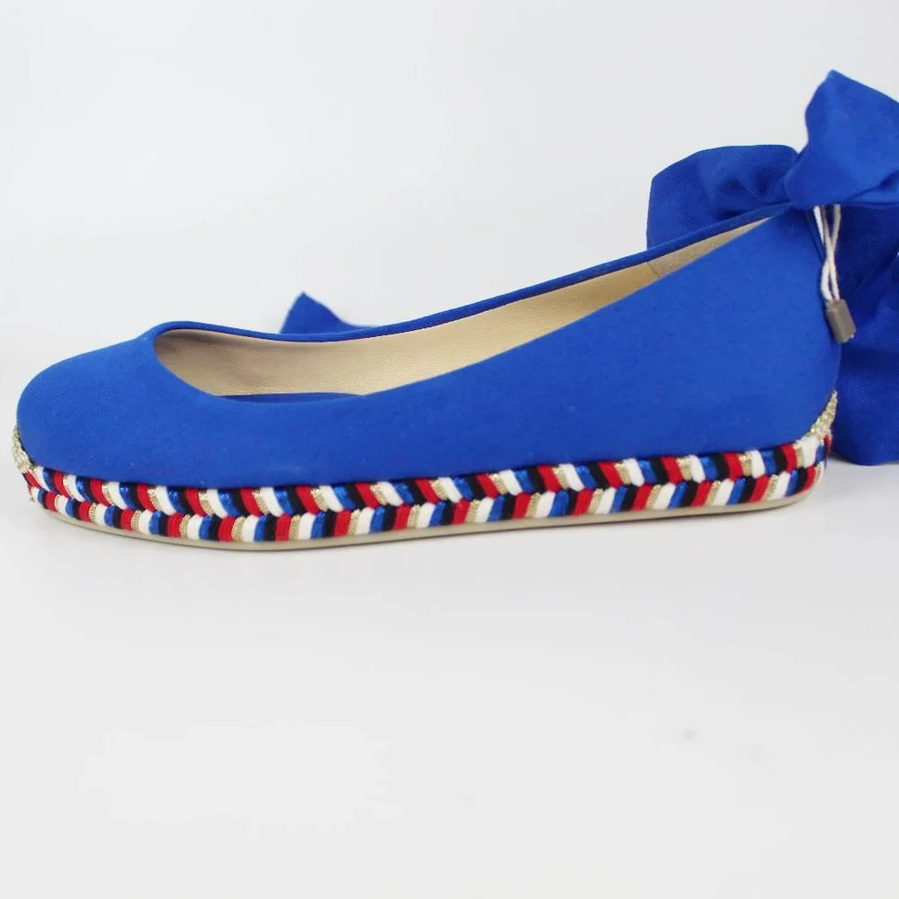 NEW Christian Louboutin Espadrilles Flats with Ribbon Ties, Canvas, Blue, EU 37